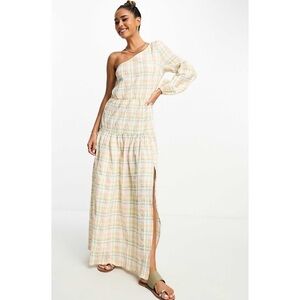 One Shoulder Plaid Shift Puffer Dress